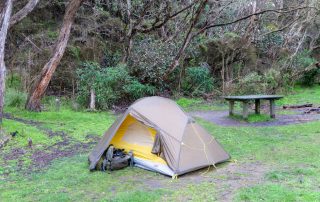 A camping tent set up in the Australian bush