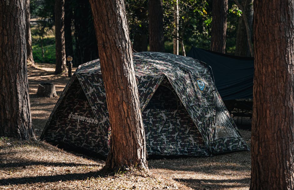 A lightweight camping tent set up in a scenic location