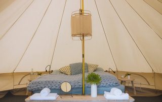 Various modern camping tents set up in a picturesque landscape