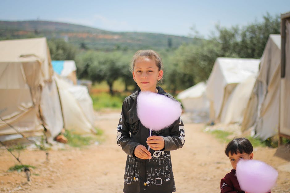 A family enjoying their camping tent in the great outdoors