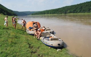 Inflatable camping tent setup in a scenic location