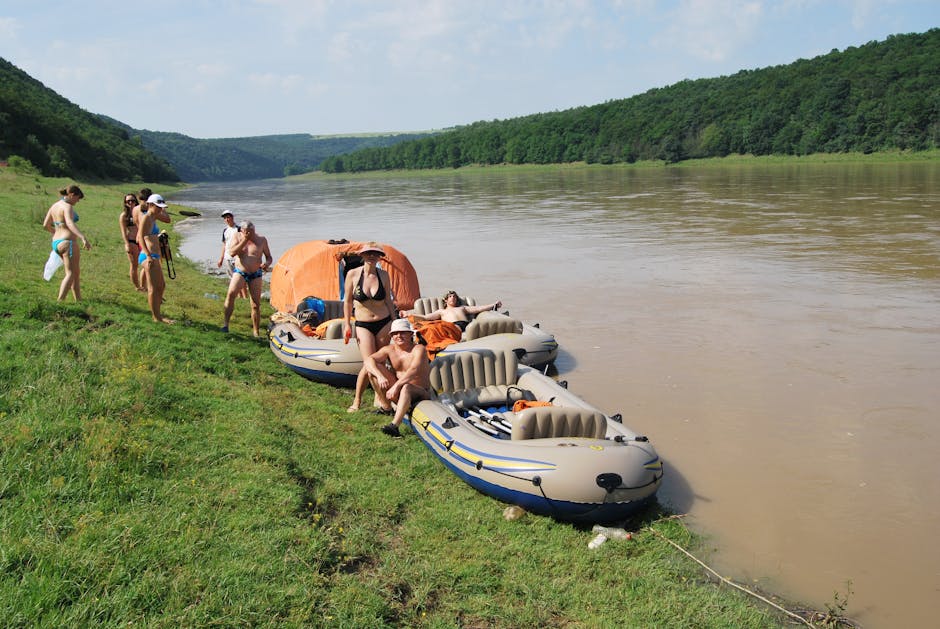 Inflatable camping tent setup in a scenic location