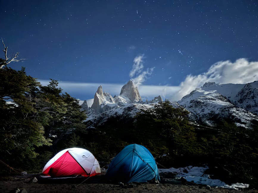 Various types of camping tents set up in a scenic outdoor location